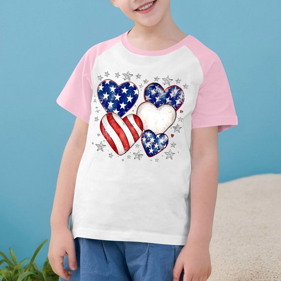 American Flag T-Shirt For Boys Girls Independence Day Patriotic Graphic Tees Kids Casual Raglan Short Sleeve Round Neck Top Pink 9-10 Years