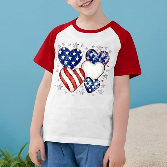 American Flag T-Shirt For Boys Girls Independence Day Patriotic Graphic Tees Kids Casual Raglan Short Sleeve Round Neck Top Red 11-12 Years