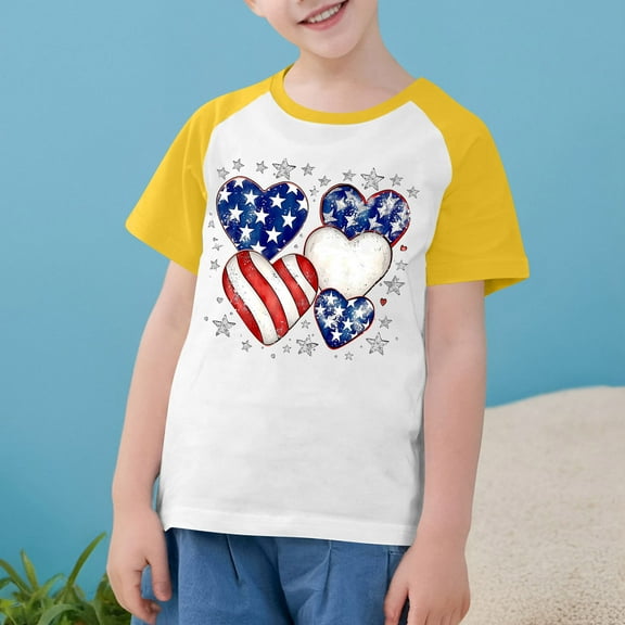American Flag T-Shirt For Boys Girls Independence Day Patriotic Graphic Tees Kids Casual Raglan Short Sleeve Round Neck Top Yellow 3-4 Years