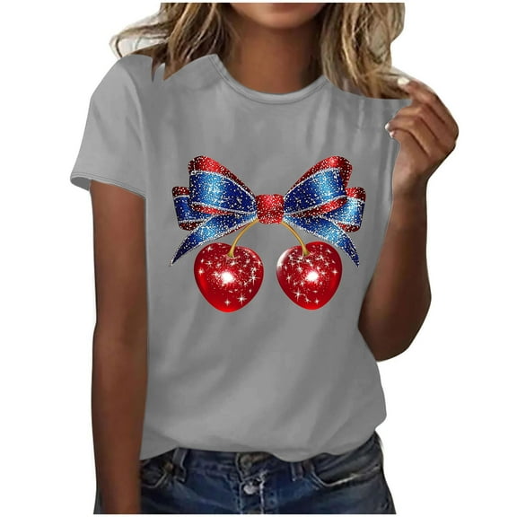 American Flag T Shirt Women 4th of July Crewneck Short Sleeve Tops Cute Bow Cherry Graphic Tees Teen Girls Funny Printed Patriotic Shirts Independence Day Vacation Tunic Top Outfits
