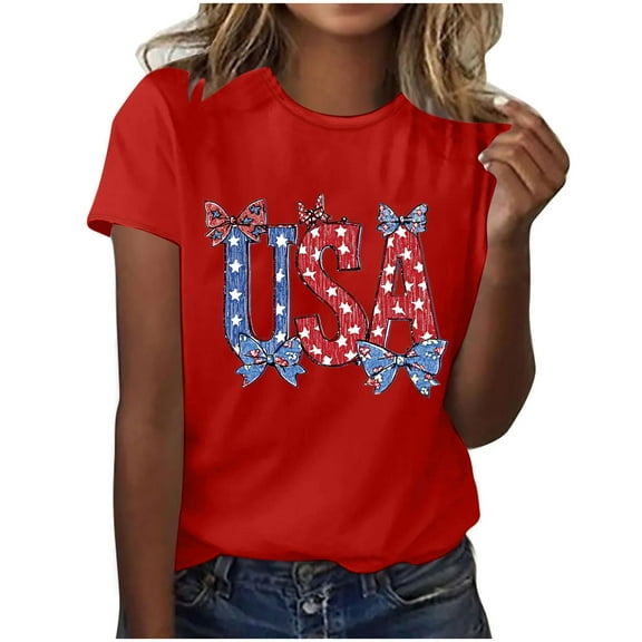 American Flag T Shirt Women 4th of July Crewneck Short Sleeve Tops Cute Bow Cherry Graphic Tees Teen Girls Funny Printed Patriotic Shirts Independence Day Vacation Tunic Top Outfits