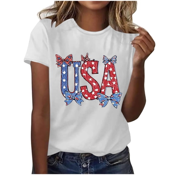 American Flag T Shirt Women 4th of July Crewneck Short Sleeve Tops Cute Bow Cherry Graphic Tees Teen Girls Funny Printed Patriotic Shirts Independence Day Vacation Tunic Top Outfits