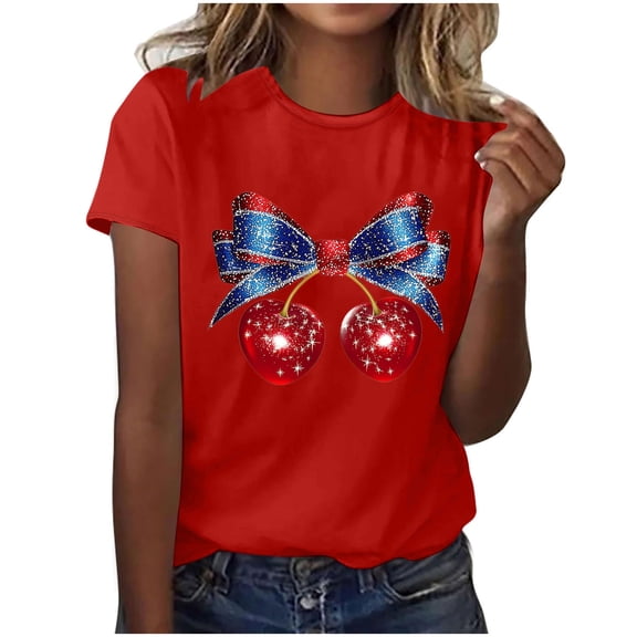 American Flag T Shirt Women 4th of July Crewneck Short Sleeve Tops Cute Bow Cherry Graphic Tees Teen Girls Funny Printed Patriotic Shirts Independence Day Vacation Tunic Top Outfits
