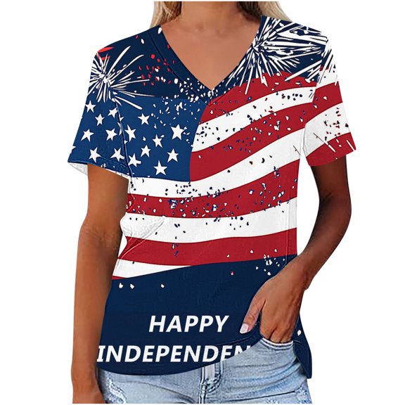 American Flag T Shirt Womens 4th of July V Neck Shirts Oversized Summer Short Sleeve Tops Loose Fit Independence Day Tees Red White and Blue Stars Stripes Tunic T-Shirts Patriotic Blouses