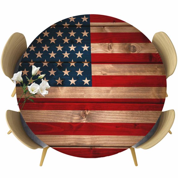 American Flag Table Cloth, Round Fitted Tablecloths with Elastic Edge, Blue Red USA Flag Vintage Wooden Wipeable Waterproof Table Cover for Kitchen Wedding 36-44 Inches