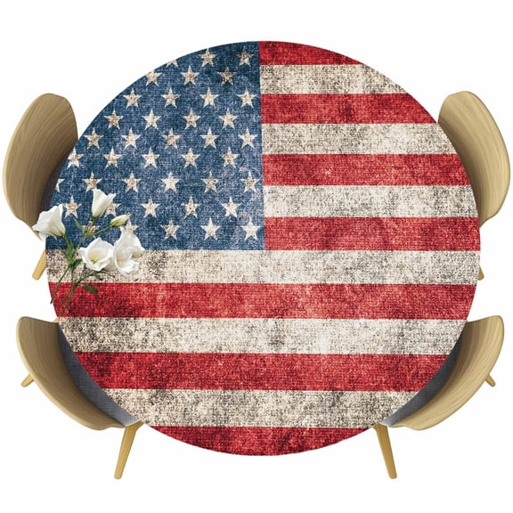 American Flag Table Cloth, Round Fitted Tablecloths with Elastic Edge, Vintage Blue Red USA Flag Wipeable Waterproof Table Cover for Kitchen Wedding 55-60 Inches