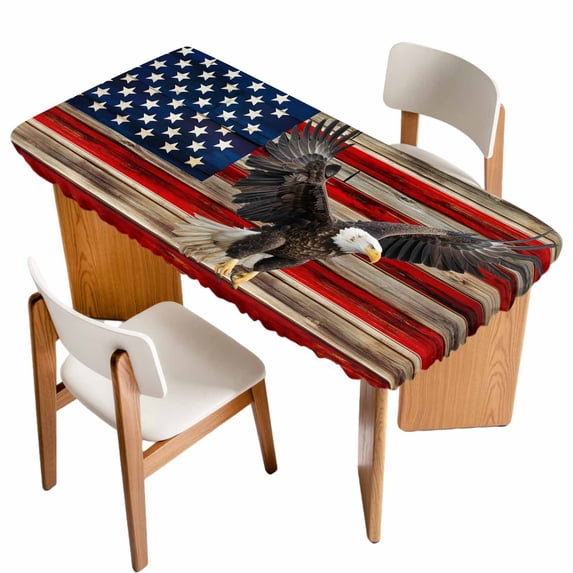 American Flag Table Cloths for 3 Foot Rectangle Tables, Eagle Blue Red USA Flag Retro Patio Waterproof Elastic Fitted Tablecloths, Washable Rectangular Table Cover for Camping