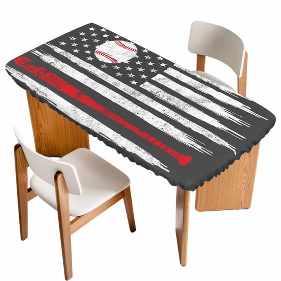 American Flag Table Cloths for 3 Foot Rectangle Tables, Retro US Flag Baseball Stars Gray Patio Waterproof Elastic Fitted Tablecloths, Washable Rectangular Table Cover for Camping