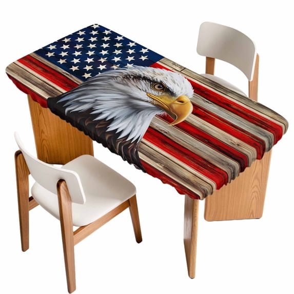 American Flag Table Cloths for 4 Foot Rectangle Tables, Eagle Blue Red USA Flag Vintage Patio Waterproof Elastic Fitted Tablecloths, Washable Rectangular Table Cover for Camping