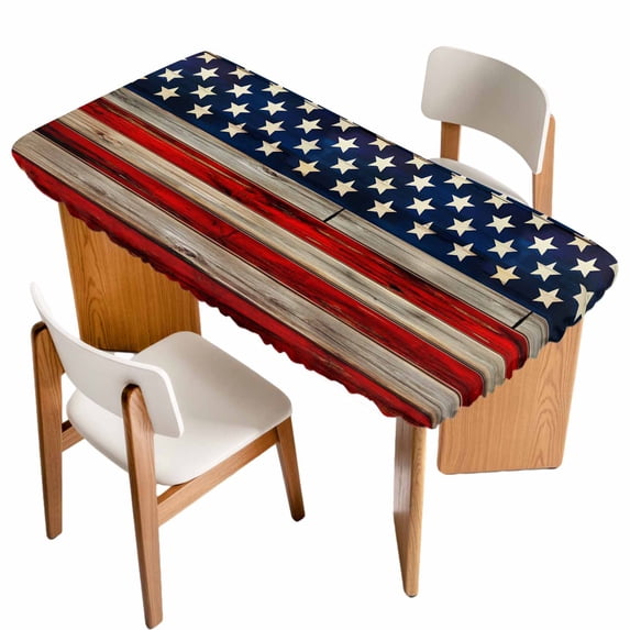 American Flag Table Cloths for 4 Foot Rectangle Tables, Vintage USA Flag Wooden Patio Waterproof Elastic Fitted Tablecloths, Washable Rectangular Table Cover for Camping
