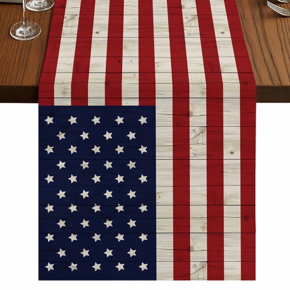American Flag Table Runner 36 Inches Long for Dining Tables, Vintage Wooden Star Striped Red Blue Cotton Linen Table Runner Coffee Tablerunners Dresser for Kitchen Party Holiday Decorations 13"x36"