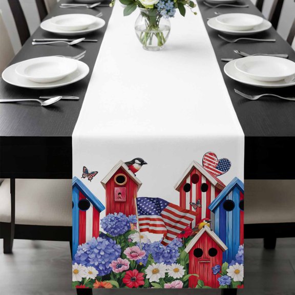 American Flag Table Runner 36 Inches Long, Spring Garden Floral Birds House Kitchen Coffee Dining Table Decoration for Home Party Birthday Wedding Home Decor 13x36 Inches