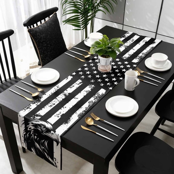 American Flag Table Runner 36 Inches Small, Black US Flag Eagle Kitchen Dining Burlap Linen Tablerunner for Small/Round/Square/Wedding/Coffee/Dining Table Party Home Décor 13 x 36