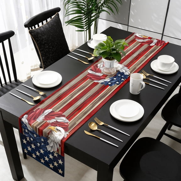 American Flag Table Runner 36 Inches Small, Blue Red USA Flag Eagle Wreath Kitchen Dining Burlap Linen Tablerunner for Small/Round/Square/Wedding/Coffee/Dining Table Party Home Décor 13 x 36