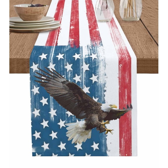 American Flag Table Runner 48 Inches, Eagle Watercolor USA Flag Bed Runner Dresser Scarves Tabletop for Indoor Outdoor Parties/Ceremony/Banquet, 13" x 48"