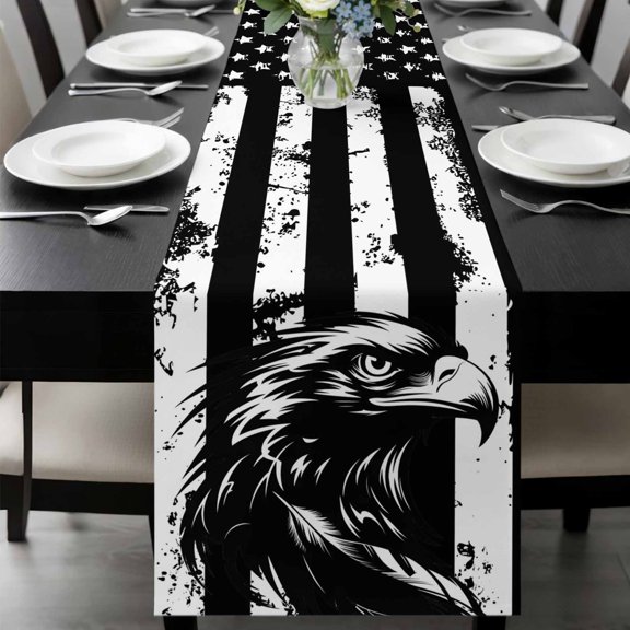 American Flag Table Runner 48 Inches Long, Black US Flag Eagle Kitchen Coffee Dining Table Decoration for Home Party Birthday Wedding Home Decor 13x48 Inches
