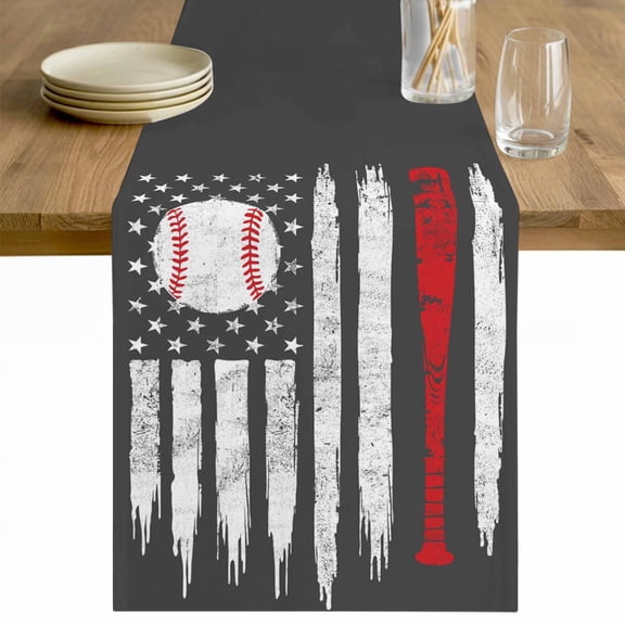 American Flag Table Runner 48 Inches Long Farmhouse Dress Scarves, Retro US Flag Baseball Stars Gray Dining Tablerunner for Coffee Table/Kitchen Island/Party Décor, 13" x 48"