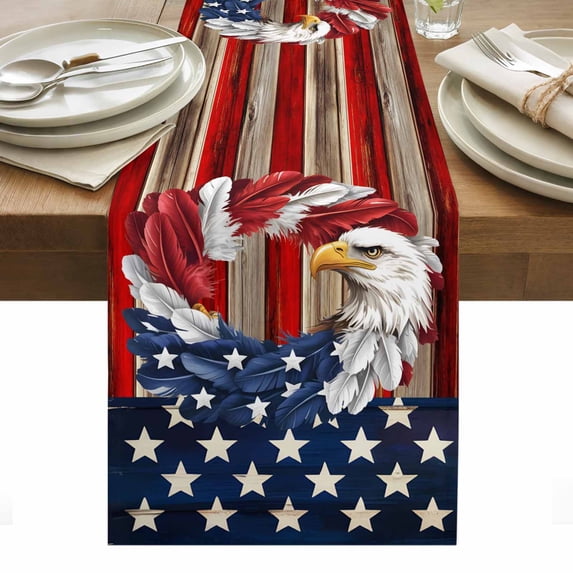 American Flag Table Runner - 70 Inch Long, Kitchen Dining Table Runner Dresser Scarves, Blue Red USA Flag Eagle Wreath Farmhouse Decor for Coffee Tables Wedding Party Banquet