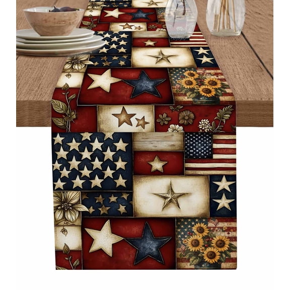 American Flag Table Runner 72 Inches, Texas Star Farmhouse Sunflowers Blue Red Bed Runner Dresser Scarves Tabletop for Indoor Outdoor Parties/Ceremony/Banquet, 14" x 72"