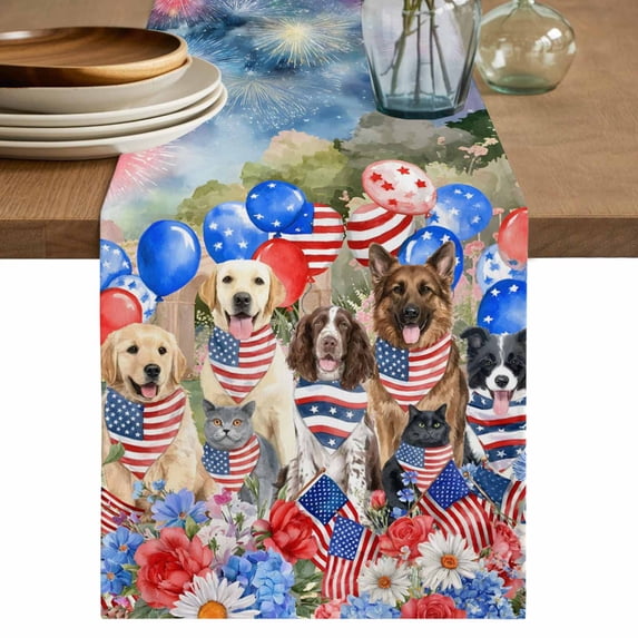 American Flag Table Runner 90 Inches, Forest Funny Dogs Red Blue Independence Day Bed Runner Dresser Scarves Tabletop for Indoor Outdoor Parties/Ceremony/Banquet, 13" x 90"