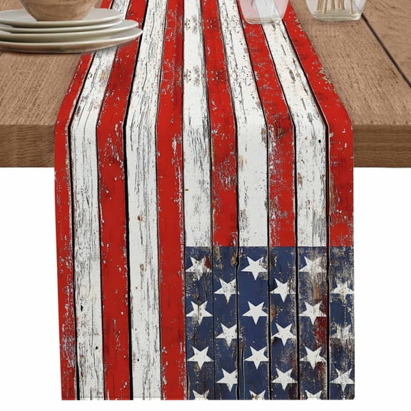 American Flag Table Runner 90 Inches Long for Dining Table Decor,Red Blue Star Stripes Rustic Farmhouse Wood Burlap Linen Farmhouse Table Runner Coffee Table Runners Dresser for Kitchen Party Holiday