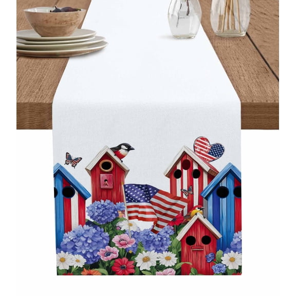American Flag Table Runner Cotton Linen 48 Inch Holiday Dresser Scarves, Spring Garden Floral Birds House Tablerunner for Kitchen Coffee Dining Bedroom Home Living Room Dinner Scarf Décor 13''x48''