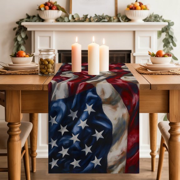 American Flag Table Runner, Independence Day Stars Stripes Ripples Washable Cotton-linen Table Runners Dining Kitchen Decoration for Everyday Home Wedding Party Decor, 13 x 36 Inch