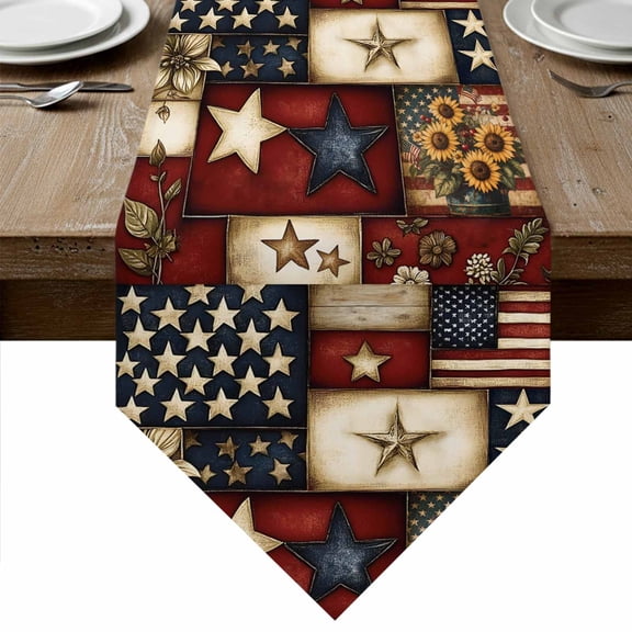 American Flag Table Runner Linen Burlap Table Runner 36 Inches Small Texas Star Farmhouse Sunflowers Blue Red Dresser Scarves for Kitchen Island Coffee Dining Party Wedding Holiday Decor 13"x36"