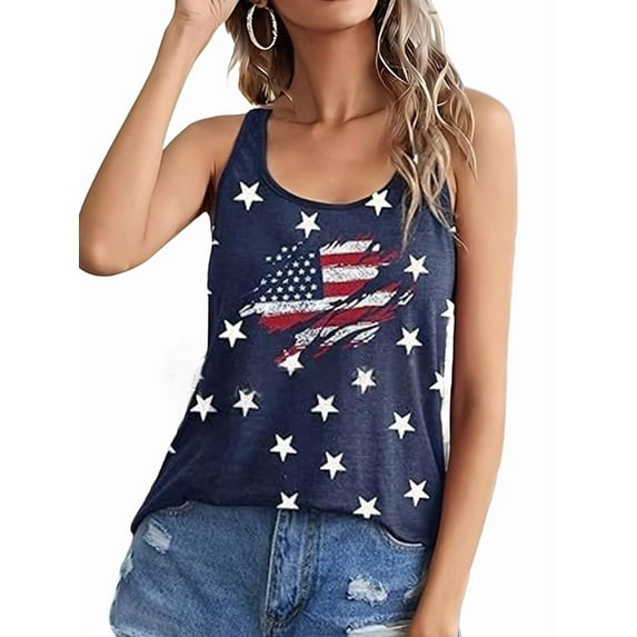 American Flag Tank Top Women 4th of July Tanks Tops for Womens USA Flag Patriotic Shirts Vest Blue 2 L