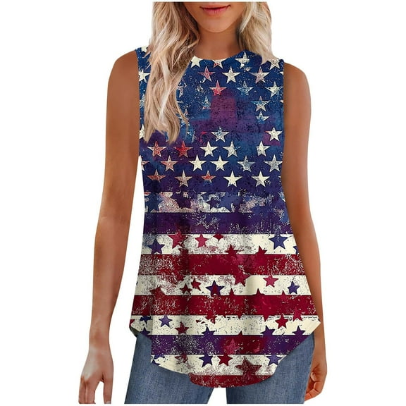 American Flag Tank Tops for Women 4th of July Sleeveless Shirt Casual Crewneck Tanks Independence Day USA Flag Stars Stripes Print Camisole Loose Curved Hem Tunic Camis Blouse Patriotic T-Shirt