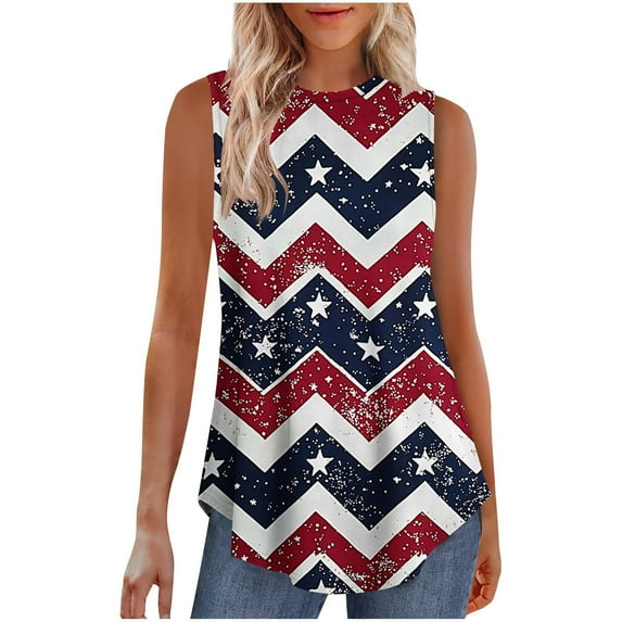 American Flag Tank Tops for Women 4th of July Sleeveless Shirt Casual Crewneck Tanks Independence Day USA Flag Stars Stripes Print Camisole Loose Curved Hem Tunic Camis Blouse Patriotic T-Shirt
