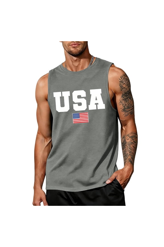 American Flag Tank Tops for Men 4th of July Shirts USA Muscle Sleeveless Shirt Patriotic Tank Tops Gray M