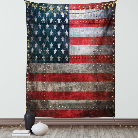 American Flag Tapestry, Royalty Flag Textured US Backdrop on Damaged Board Plate Design Artwork Print, Wall Hanging for Bedroom Living Room Dorm Decor, 60W X 80L Inches, Red Grey, by Ambesonne