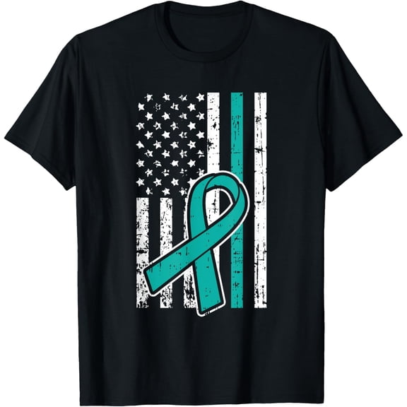 American Flag Teal Ribbon Cool Ovarian Cancer Awareness Gift T-Shirt Men women T-shirt black, gift. Sizes: S, M,L, XL, 2XL, 3XL, 4XL