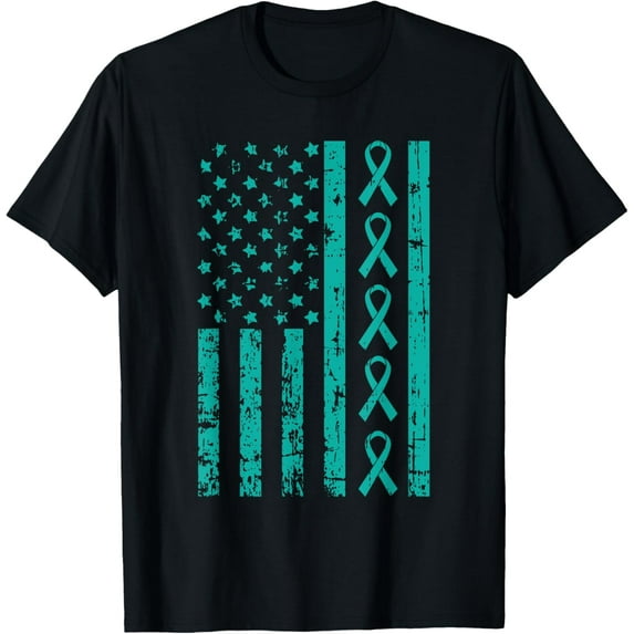 American Flag Teal Ribbon Cool Ovarian Cancer Awareness Gift T-Shirt
