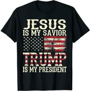 SASSALILLY American Flag Tee Jesus Is My Savior Trump Is My President T-shirt Casual Graphics Tops Summer Gift Tee Black X-Large