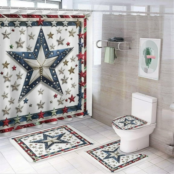 American Flag Texas Star Print Shower Curtain Watercolor Vintage Ethnic Tribal Star Print Bathroom Shower Curtain Set with Hooks
