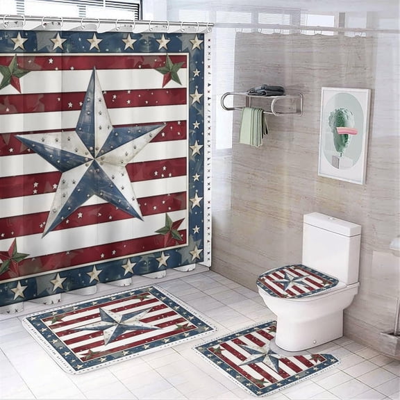American Flag Texas Star Print Shower Curtain Watercolor Vintage Ethnic Tribal Star Print Bathroom Shower Curtain Set with Hooks