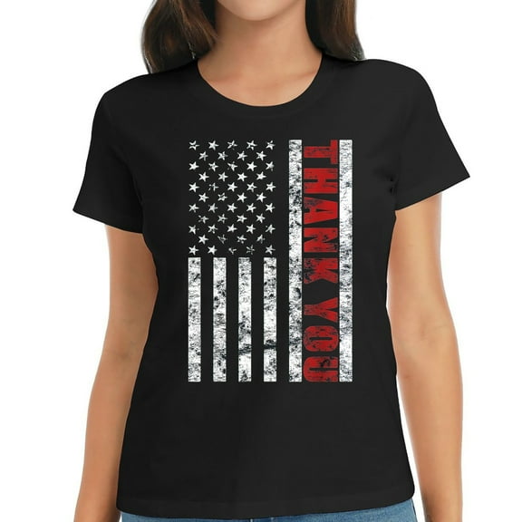 American Flag Thank You Veterans Day Patriotic Cute Short Sleeve T-Shirt for Women with Fashion Print，Graphic Tee Tops