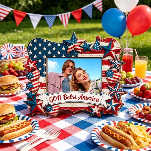 American Flag Theme Picture Frame,Commemorate a Loved One's Military Service,Independence Day, Patriotic Frame,Holds 5 x 3.5 Inch Photo With Stand,Home Office Table Decor