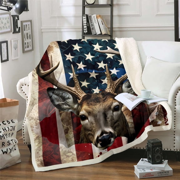 American Flag Throw Blanket, Rustic Deer Fleece Blanket Queen Teens, United States Fuzzy Blanket Stars and Stripes Sherpa Blanket Geometric Stripes Flannel Blanket for Bed Couch