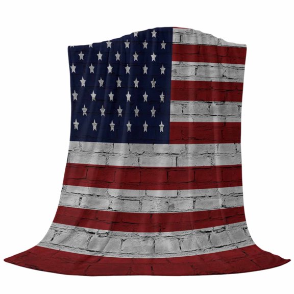 American Flag Throw Flannel Blanket Vintage Brick Wall Star Red Blue Striped Super Soft Cozy Bed Blanket, Lightweight Plush Fuzzy Bed Throw for Bedroom Sofa Couch Living Room 30x40In,