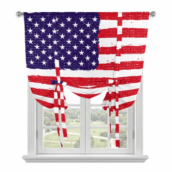 American Flag Tie Up Curtain Valance for Window,Adjustable Rod Pocket Window Curtains Shades,Retro Rustic Stars And Stripes US Flag Light Filtering Valance Drapes for Living Room Bedroom 42"x63"