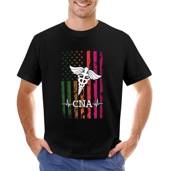 American Flag Tie Dye Cna Costume Nurse Day Nursing Men’s Graphic T-shirt Vintage Short Sleeve Sport Tee Black 3XL