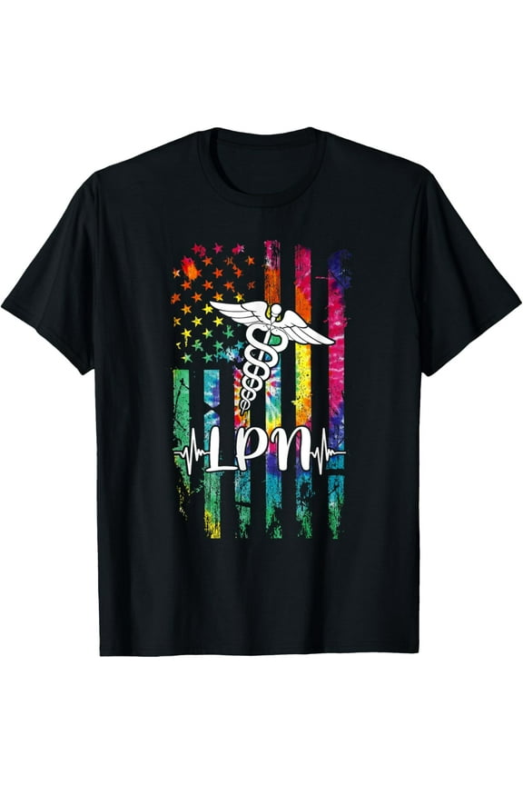American Flag Tie Dye LPN Costume Nurse Day Nursing Women Men T-ShirtMen's and women's pure cotton short-sleeved shirts