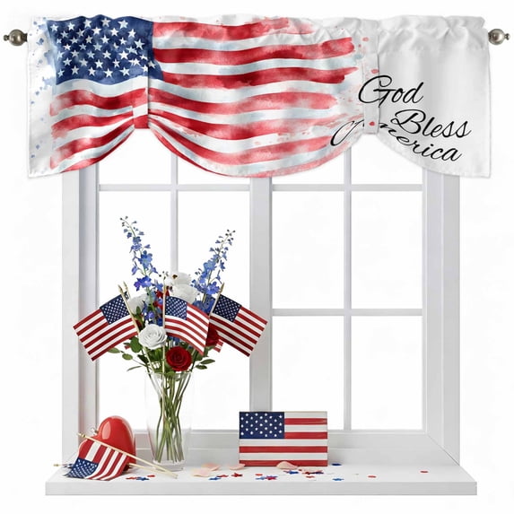 American Flag Tie Up Valances Curtain, Adjustable Kitchen Watercolor USA Flag Independence Day Patriotic Valances for Windows Decor, Rod Pocket Short Curtains Set for Bedroom/Bathroom, 60"x18"