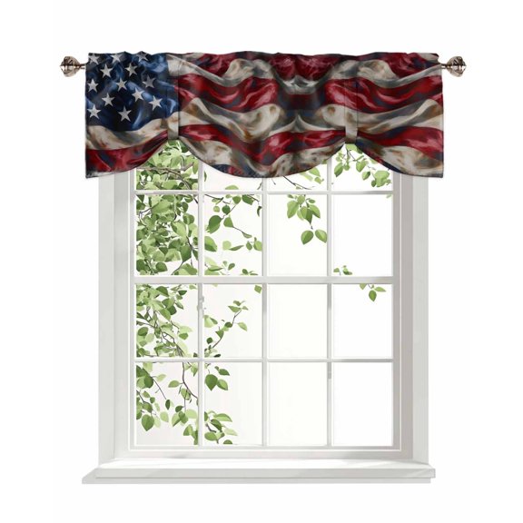 American Flag Tie Up Valances Curtain, Independence Day Stars Stripes Ripples Adjustable Rod Pocket Window Treatment Short Tie Up Curtains Valances for Kitchen Living Room Bathroom 42x12 Inches