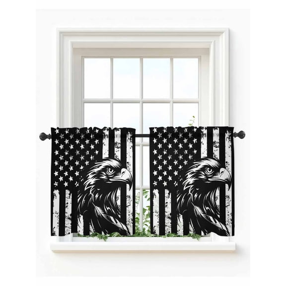 American Flag Tier Curtains 24 Inch Length, Sheer Curtains for Bedroom Living Room Window Black US Flag Eagle Rod Pocket Voile Drapes Kitchen Curtains Small Half Window 27.5"x24" 2 Panels