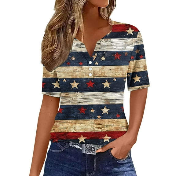 American Flag Tops Womens Button V Neck Short Sleeve Shirts Independence Day Patriotic Tee Shirt Fashion USA Flag Star Stripes T-Shirts Memorial Day Tunic Loose Comfy Blouses Summer Outfits
