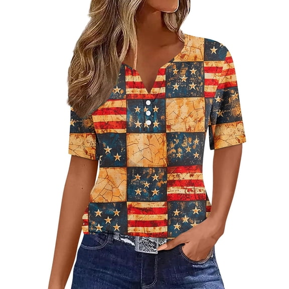 American Flag Tops Womens Button V Neck Short Sleeve Shirts Independence Day Patriotic Tee Shirt Fashion USA Flag Star Stripes T-Shirts Memorial Day Tunic Loose Comfy Blouses Summer Outfits